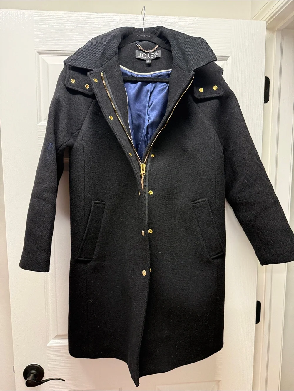 J. Crew Black Wool Pea Coat with Navy Satin Lining